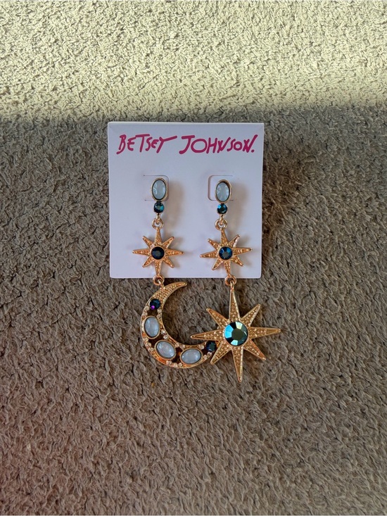 Betsey Johnson Jewelry - Betsey Johnson Gold-Tone Moon & Star Drop Earrings with Blue Gems